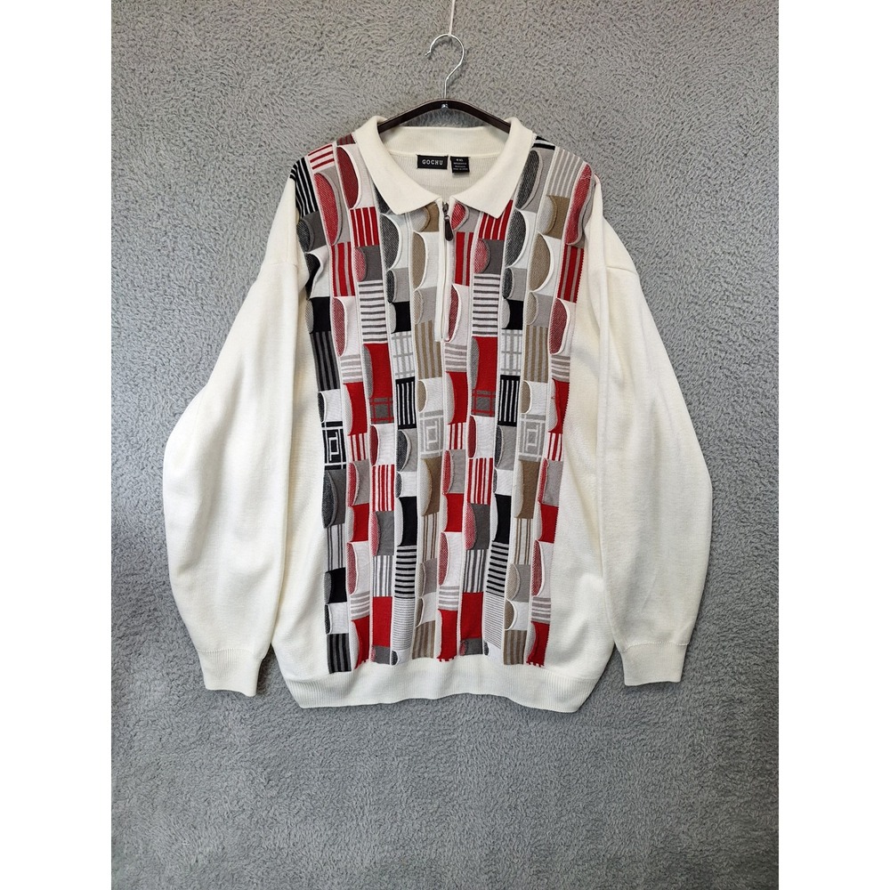 VTG Gochu Mens 4XL 3D Knit Sweater White Abstract Geometric Retro‎ Y2K